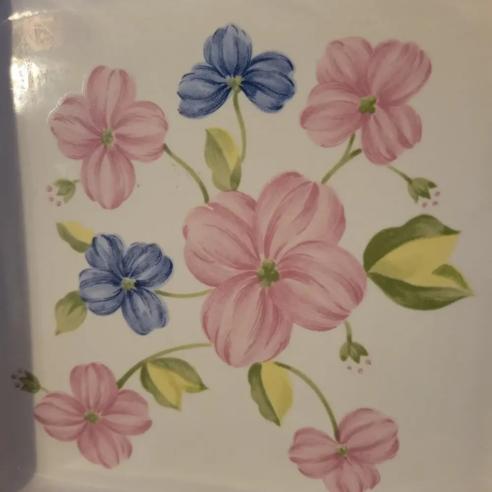 Vintage 1970s Oven Baking Dish Pink Blue Flowers Made in Japan 5.75 Square Retro